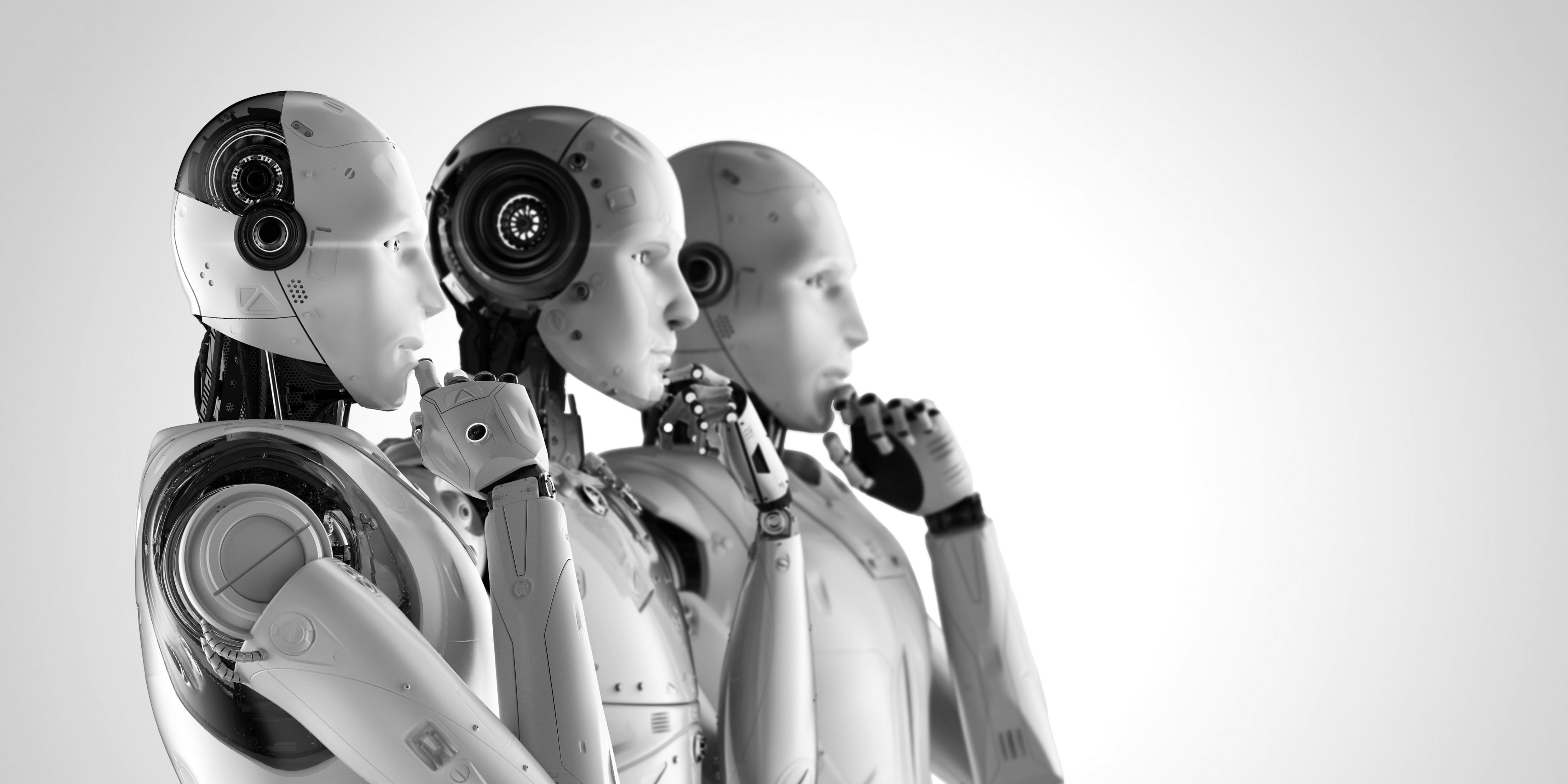 Three humanoid robots in a thinking pose representing ethical AI governance